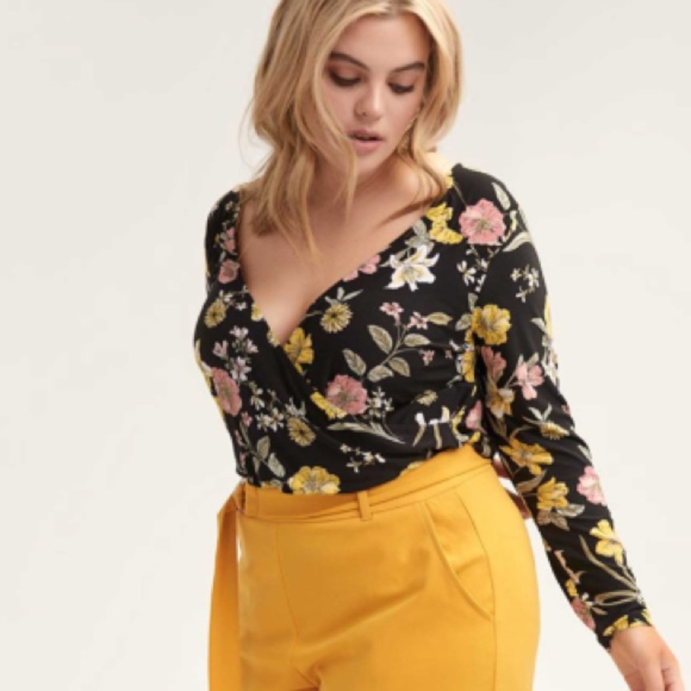 Addition Elle Floral Surplice Bodysuit Black 1X